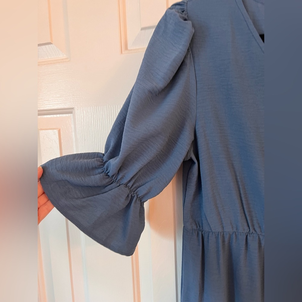 V Neck 3/4 Puff Sleeve Smocked Long Ruffle Midi Dress - Picture 5 of 8
